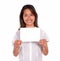 Smiling ethnic young woman holding a white card