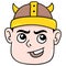 Smiling face boy wearing a viking tribal hat, doodle icon drawing