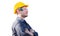 Smiling factory worker man in hard hat with crossed arms on white background