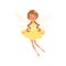 Smiling fairy with long brown hair in fancy yellow dress. Beautiful fairytale character with little magic wings. Cartoon