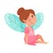 Smiling Fairy or Pixie with Wings Sitting on Ground Vector Illustration