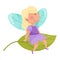 Smiling Fairy or Pixie with Wings Sitting on Leaf Vector Illustration