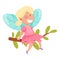 Smiling Fairy or Pixie with Wings Sitting on Tree Branch Vector Illustration