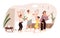 Smiling family dancing having fun at home vector flat illustration. Joyful parents and kids clapping hands and