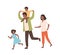 Smiling family playing having fun together vector flat illustration. Happy parents and children running have positive