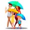 Smiling Family On A Walk Under Umbrellas In The Rain Vector. Isolated Illustration