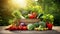 Smiling farmer holding a box of freshly picked vegetables against sunny farm backdrop