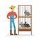 Smiling farmer standing next to rabbit cages, farming and agriculture vector Illustration