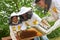 Smiling female apiarist teaching about honeycomb frame to girls