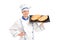 Smiling female baker showing freshly baked breads