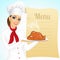 Smiling female chef with christmas roasted turkey
