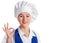 Smiling female chef isolated on a white background