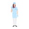 Smiling female doctor or nurse wearing scrubs and holding syringe. Young woman medic or surgeon dressed in medical