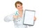 Smiling female doctor pointing on blank clipboard