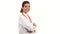 Smiling female doctor waving her hand, crossing arms and looking at camera. Portrait of young medical professional with