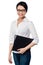 Smiling female executive holding business files