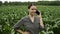Smiling female farmer talking on the phone and looking at the camera in corn field. Woman in agriculture business