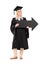 Smiling female in graduation gown holding a big black arrow