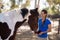 Smiling female jockey cleaning horse