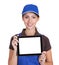 Smiling Female Plumber Holding Digital Tablet