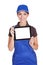 Smiling Female Plumber Holding Digital Tablet