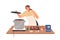 Smiling female preparing tomato sauce to pasta vector flat illustration. Happy housewife cooking and trying food on