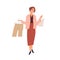 Smiling female professional stylist offering clothing during shopping vector flat illustration. Happy woman buyer