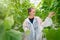 Smiling female researcher looking up while picking green beans i