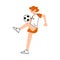 Smiling female soccer player in the red shorts kicking the ball left side view. Vector illustration in flat cartoon