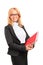 A smiling female teacher holding a notebook