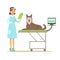Smiling female veterinarian examining dog in vet clinic. Colorful cartoon character