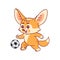 Smiling fennec fox plays soccer. Amusing kawaii cartoon character