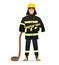 Smiling Firefighter, man from fire brigade, standing full face in form of fireman, with personal protective equipment