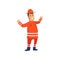 Smiling Firefighter Wearing Orange Protective Uniform and Helmet, Cheerful Professional Male Freman Cartoon Character Doing His