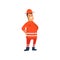 Smiling Firefighter Wearing Orange Protective Uniform and Helmet, Cheerful Professional Male Freman Cartoon Character Doing His