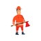 Smiling Firefighter Wearing Orange Protective Uniform and Helmet Standing with Axe, Cheerful Professional Male Freman Cartoon