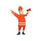 Smiling Firefighter Wearing Orange Protective Uniform Standing with Megaphone, Cheerful Professional Male Freman Cartoon Character