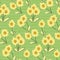 Smiling flowers childish seamless vector pattern in green and yellow