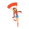 Smiling football fan girl character in red holding blank banner over her head vector Illustration