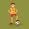 Smiling football player standing with a ball. Vector illustration