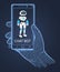 Smiling friendly futuristic cyborg on smartphone screen in cyber hand. Concept of chat bot