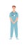 Smiling friendly guy surgeon standing in medical uniform vector flat illustration. Colorful young male doctor wearing