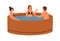 Smiling friends talking and bathing at wooden pool or hot tub together vector flat illustration. Group of people in