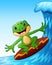 Smiling frog cartoon surfing on big sea waves