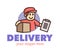 Smiling funny cute delivery man holding a cardboard box. Design for print, emblem, t-shirt, party decoration, sticker, logotype