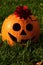 Smiling funny Halloween Jack O Lantern made of carved gouged out pumpkin with big round eyes, single large tooth and fabric rose o