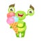 Smiling Funny Monster Holding Ice-cream In Cone , Green Alien Emoji Cartoon Character Sticker