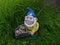 Smiling garden dwarf with a blue hat, yellow jacket and a wheelbarrow full of pebbles on a green meadow