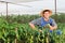 A smiling gardener picking peppers in a garden