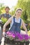 Smiling gardeners carrying flower pots in crates at plant nursery